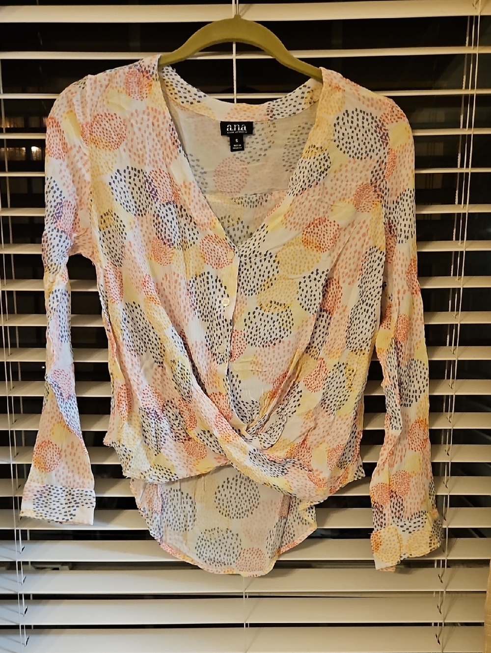 4/$10 a.n.a Hi-Lo Twist-Front V-Neck Blouse with Colorful Dot Print